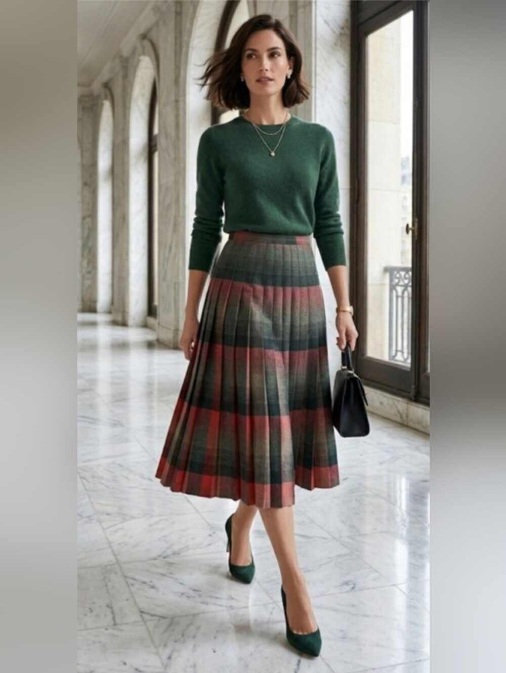 Vintage 100% Wool Reversible Midi Skirt High-rise Plaid Preppy Academia Fall